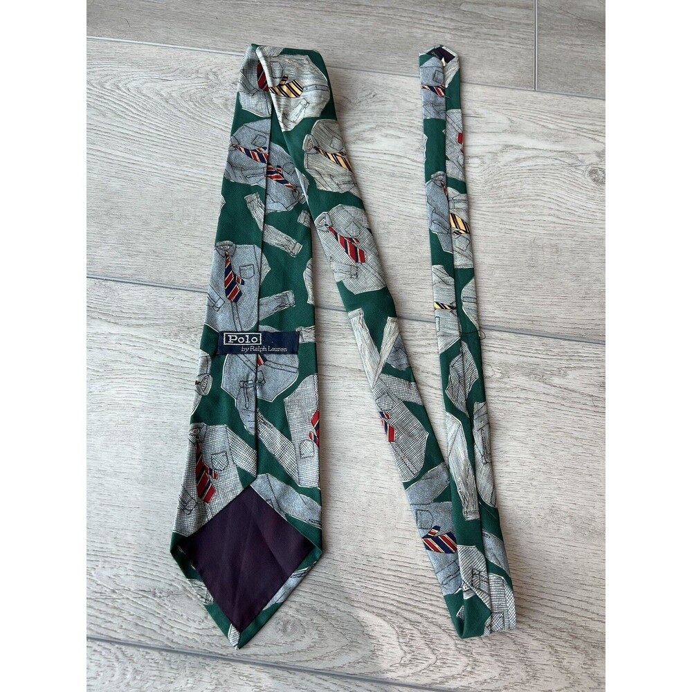 VINTAGE Polo Ralph Lauren Tie Oxford Shirt Print Green Silk Luxury Necktie USA‎